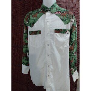 Vintage Western Shirt Pearl Buttons Horse Print Western Wear Round Up Large